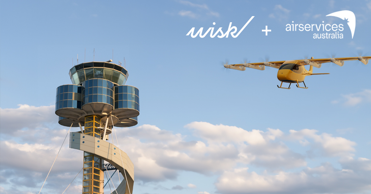 Wisk and Airservices logos against backdrop of sky and and an air traffic control tower.