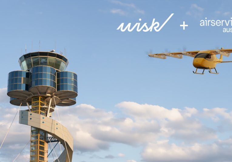 Wisk and Airservices logos against backdrop of sky and and an air traffic control tower.