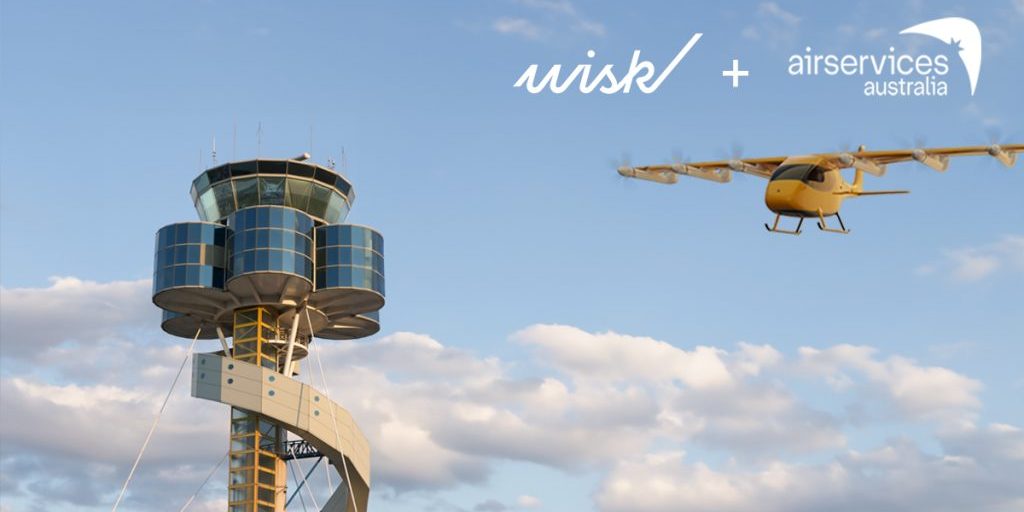 Wisk and Airservices logos against backdrop of sky and and an air traffic control tower.